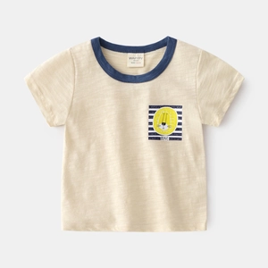 T-shirt garcon en coton flammé avec imprimé lion et col rond contrasté bleu marine