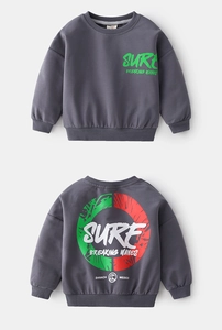 Vue avant et arrière du sweat-shirt enfant gris foncé avec imprimé Surf Waves
