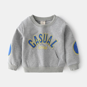 Gray children's crewneck sweatshirt featuring casual style applique and kangaroo pocket