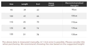 Size guide table for boys floral beach shirt showing length and chest measurements