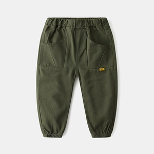 Army green casual cargo pants for boys with elastic waistband and large side pockets