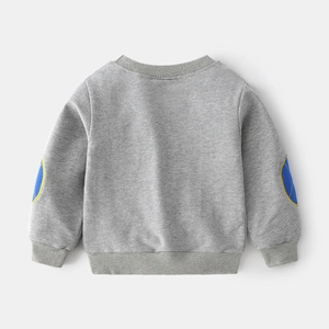 Classic gray long-sleeve sweatshirt for boys with navy blue elbow patches and yellow stitching