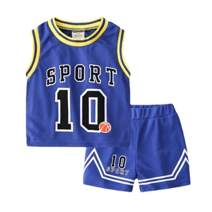 Kids breathable mesh basketball sports set with blue vest and shorts featuring Sport 10 print