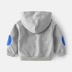 Back view of grey kids hooded sweatshirt with blue elbow patches and ribbed cuffs