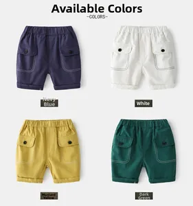 Detail of four-color kids cargo shorts with elastic waist and large buttoned pockets