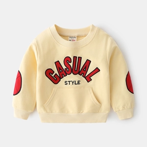 Kids casual beige sweatshirt with elbow patches and letter print for spring