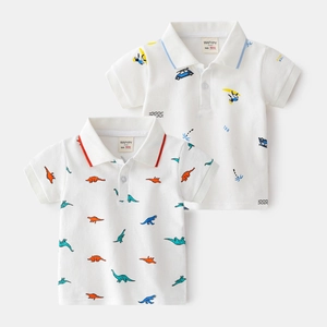 Polo da Ragazzo in Cotone a Maniche Corte Estiva Bambini Casual Stampa Dinosauro Cartone Animato Surf T-Shirt Traspirante Top Bianco