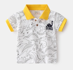 Close-up of white kids' polo shirt featuring yellow trim and black dinosaur sketches