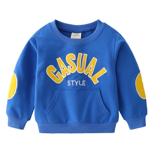 Blue kids' long sleeve sweatshirt with yellow CASUAL lettering and elbow patches