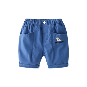 Blue boys casual cotton shorts with elastic waistband and whale embroidery detail