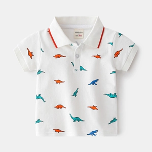 Polo bianca in cotone per bambino con stampe di dinosauri colorati e dettagli sul colletto