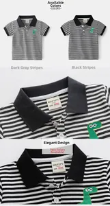 Detail view of cotton polo shirts featuring dinosaur embroidery and striped pattern design