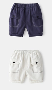 Detail of kids cargo shorts with contrast stitching and large pockets in navy and white