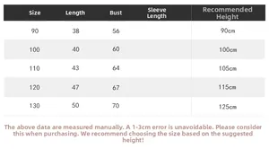 Detailed size chart for boys striped polo shirt including length and bust measurements