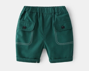 Detail of boys' dark green cargo shorts featuring elastic waist and utility pockets