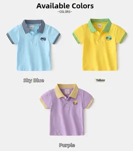 Close-up of kids cotton polo shirts with striped collars and car embroidery details