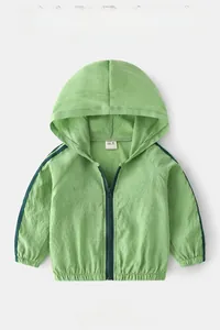 Detail of light green hooded sun protection jacket with zip and ribbed cuffs for boys