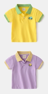 Detail view of cotton polo shirts with car embroidery and striped collar for toddlers