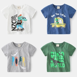 T-Shirt en Coton Doux pour Garçons Manches Courtes Imprimé Dinosaure Crocodile Dessin Animé Décontracté Col Rond Top Été Enfants