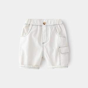Summer boys' white casual cargo shorts with elastic waist and side pocket details