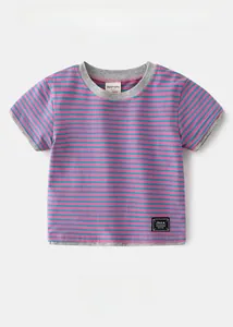 Detail of kids striped t-shirt with faux two-piece design and contrast gray trim
