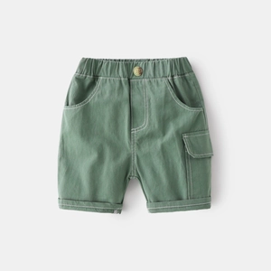 Forest green cotton boys' cargo shorts with elastic waist and white contrast stitching