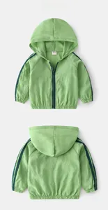 Front and back view of light green hooded zip-up jacket for kids with sleeve stripes