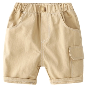 Boys khaki cotton cargo shorts with elastic waist and stylish white contrast stitching