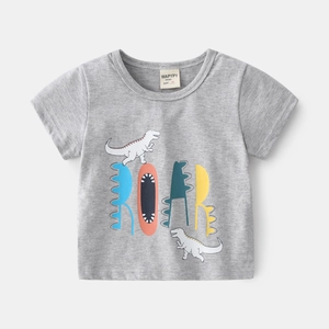 T-shirt enfant en coton gris avec motif dinosaure et imprimé ROAR sur fond neutre
