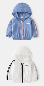 Detail of lightweight kids hooded sun protection jackets in blue and white colors