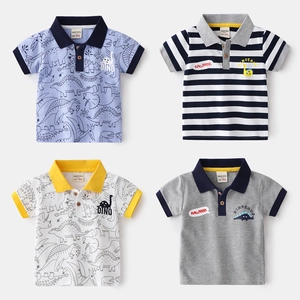 Boys Short Sleeve Polo Shirt Cotton Blend Lapel Cartoon Dinosaur Graphic Printed Summer Casual Top For Kids