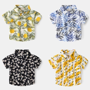 Boys Summer Short Sleeve Shirt Tropical Fruit Floral Print Viscose Casual Turn-down Collar Button Down Top For Toddler Kids