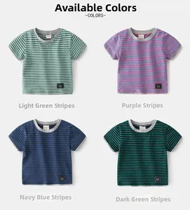 Detail view of four striped kids' short sleeve shirts in green, burgundy, navy, and dark teal