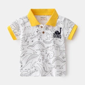 White short-sleeve polo shirt for boys with black dinosaur prints and yellow collar