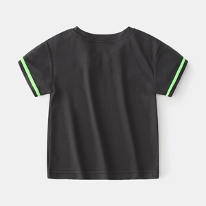 Kids black mesh short sleeve sport t-shirt with neon green trim on sleeves, back view