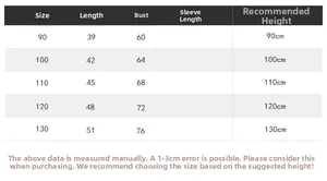 Detailed size chart for children's striped short sleeve T-shirt with measurement guides