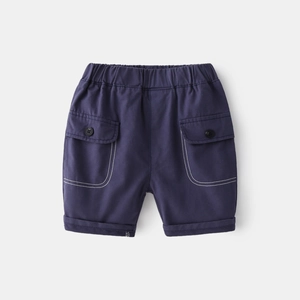 Boys navy blue cargo shorts with elastic waist and white contrast stitching detail