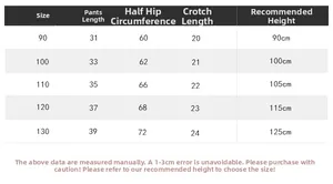 Detailed size chart for children cartoon shorts with measurements and suggested heights