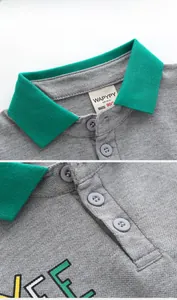 Macro shot of gray polo shirt with green contrast collar and detailed embroidery