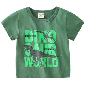 T-shirt enfant vert foncé avec imprimé dinosaure et col rond en coton doux et confortable