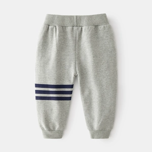 Kids grey cotton sweatpants with navy side stripes and elastic waist for boys