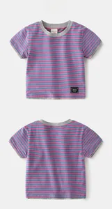 Detail of children's striped t-shirt with grey ribbing and faux two-piece hem design