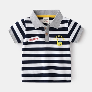 Classic navy and white striped boys' cotton polo shirt with dinosaur embroidery detail