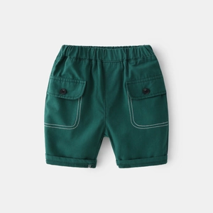 Dark green boys cargo shorts with elastic waist, flap pockets and white contrast stitching