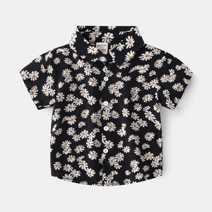 Kids black short sleeve shirt featuring white daisy floral prints and button-down collar