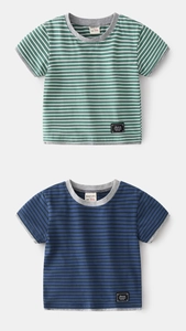 Detail of green and navy striped cotton T-shirts with layered collar and hem design