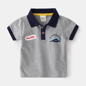 Kids grey cotton polo shirt with navy collar and dinosaur embroidery detail