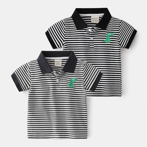 Boys Dinosaur Embroidered Striped Polo Shirt Casual Summer Short Sleeve Cotton Blend Top Children Lapel Collar Clothing