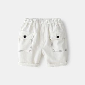 Kids off-white cargo shorts with elastic waist and contrast stitching on large flap pockets