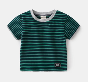 Detail of green and black striped kids' short sleeve t-shirt with faux layered hem